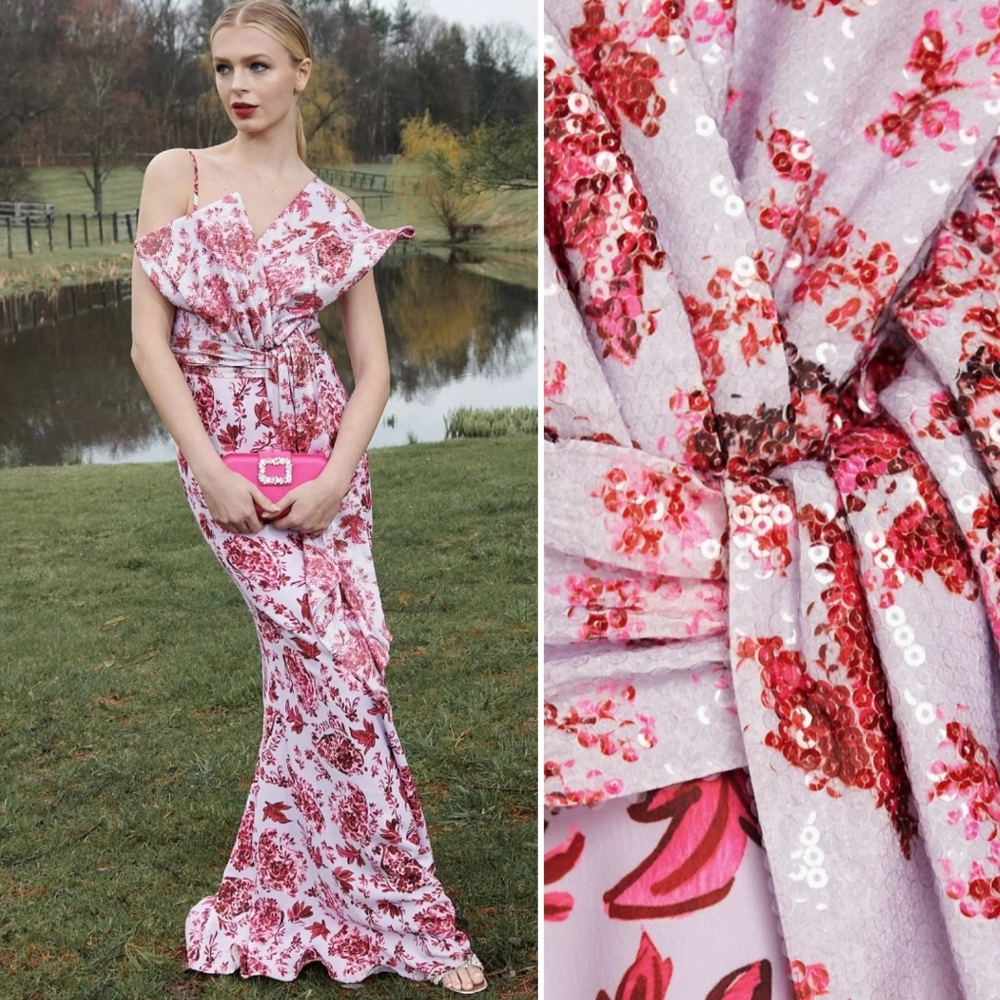 Badgley Mischka Pink Floral Sequin Maxi Dress